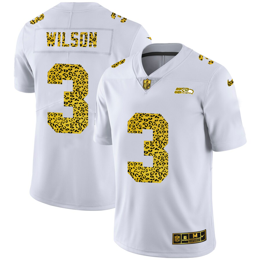 Custom Seattle Seahawks 3 Russell Wilson Men Nike Flocked Leopard Print Vapor Limited NFL Jersey White